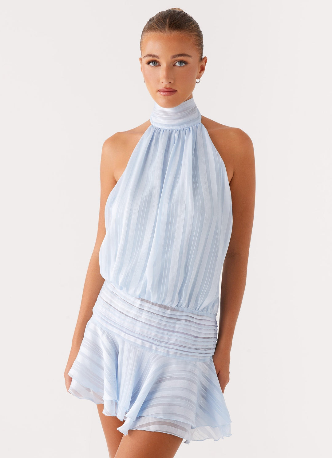 Blair | Chiffon Halter Neck Tie Back Ruffle Hem Mini Dress