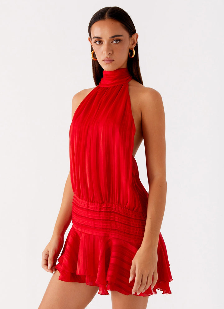 Blair | Chiffon Halter Neck Tie Back Ruffle Hem Mini Dress
