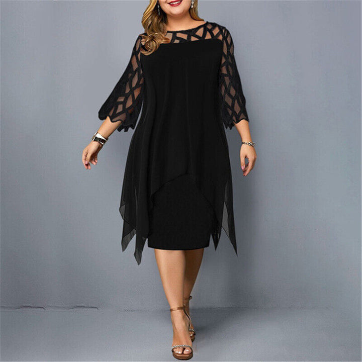 Eleanor | Lace Overlay Elbow Sleeve Asymmetric Hem Midi Dress