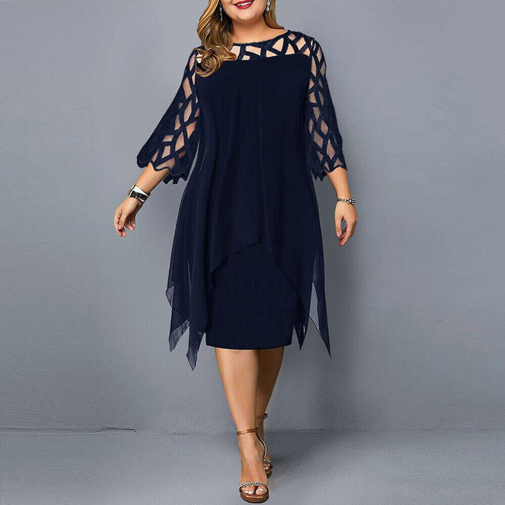 Eleanor | Lace Overlay Elbow Sleeve Asymmetric Hem Midi Dress