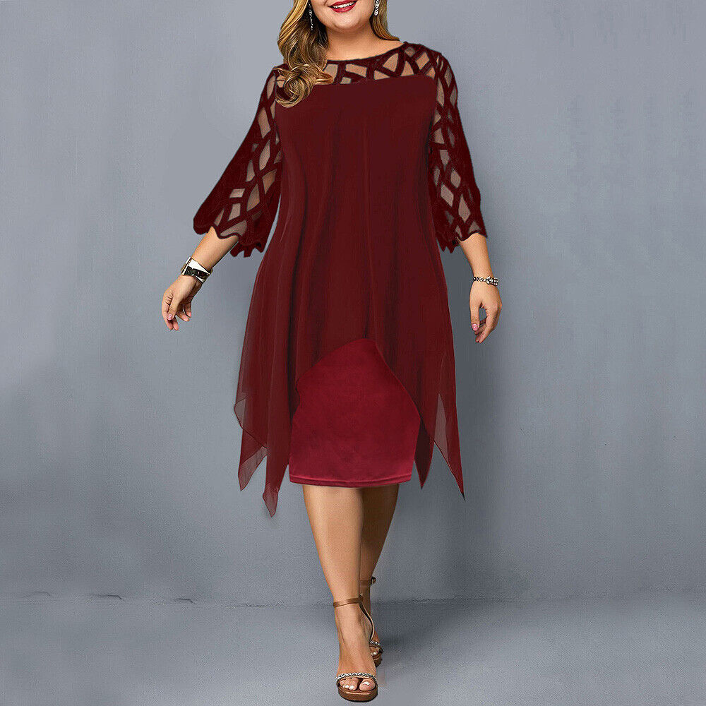 Eleanor | Lace Overlay Elbow Sleeve Asymmetric Hem Midi Dress