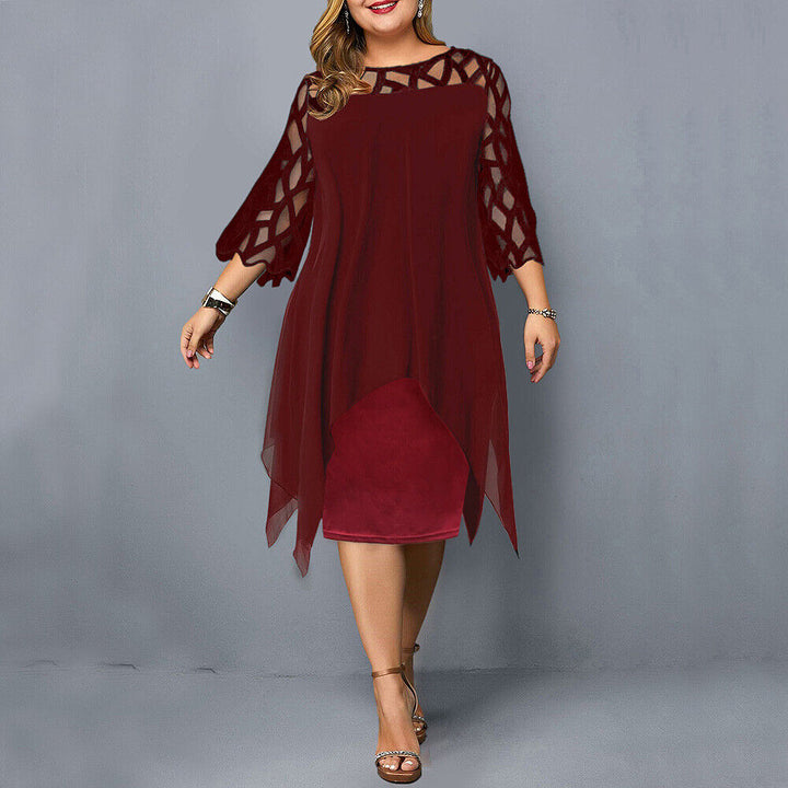 Eleanor | Lace Overlay Elbow Sleeve Asymmetric Hem Midi Dress