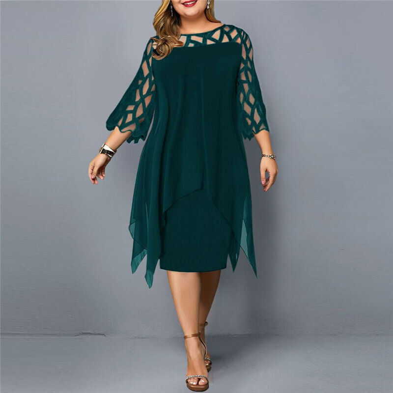 Eleanor | Lace Overlay Elbow Sleeve Asymmetric Hem Midi Dress
