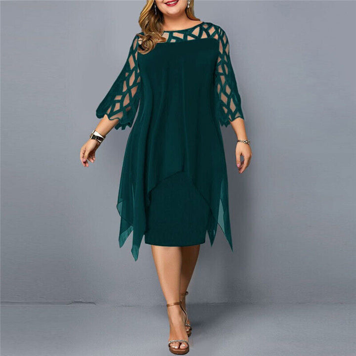 Eleanor | Lace Overlay Elbow Sleeve Asymmetric Hem Midi Dress