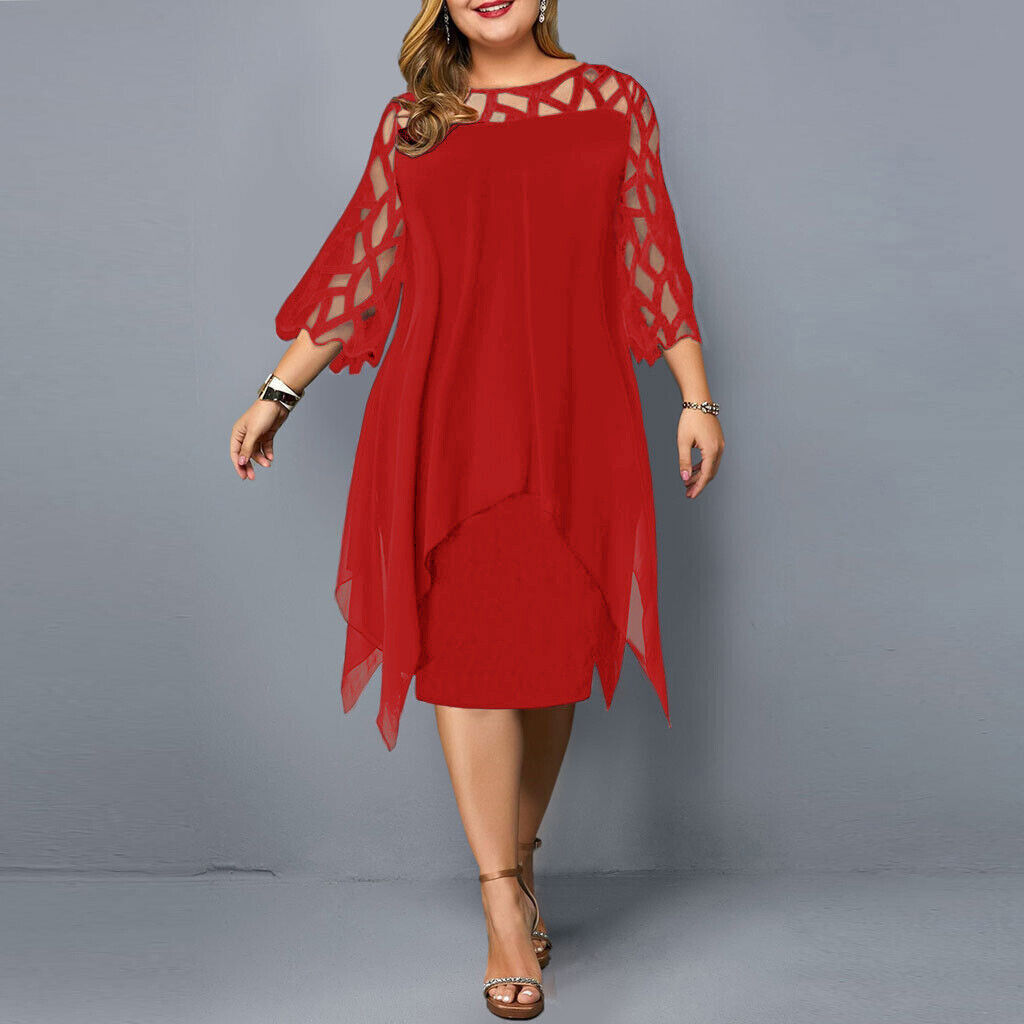 Eleanor | Lace Overlay Elbow Sleeve Asymmetric Hem Midi Dress