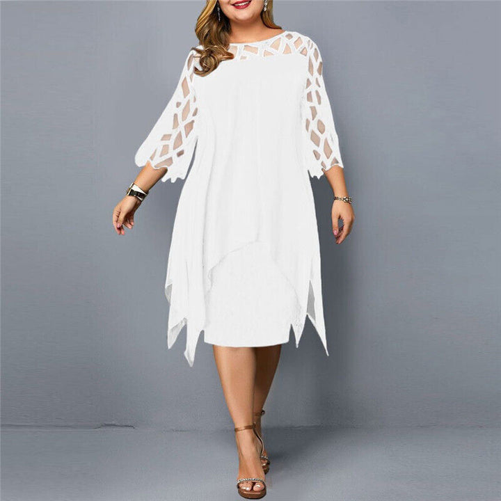 Eleanor | Lace Overlay Elbow Sleeve Asymmetric Hem Midi Dress