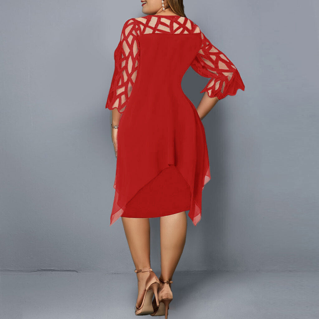 Eleanor | Lace Overlay Elbow Sleeve Asymmetric Hem Midi Dress
