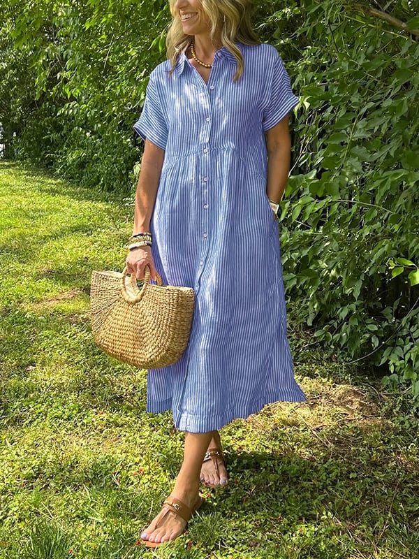 Camille | Striped Button Down Collared Short Sleeve Midi Sundress
