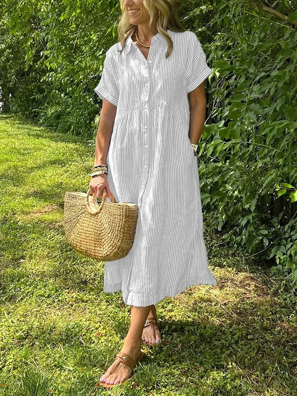 Camille | Striped Button Down Collared Short Sleeve Midi Sundress