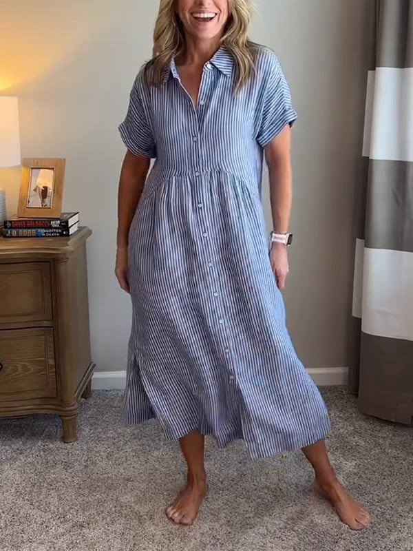 Camille | Striped Button Down Collared Short Sleeve Midi Sundress