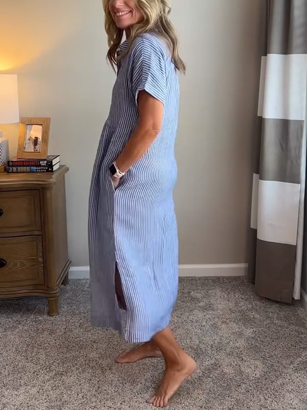 Camille | Striped Button Down Collared Short Sleeve Midi Sundress