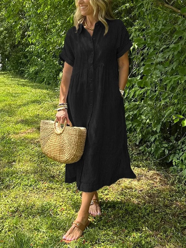 Camille | Striped Button Down Collared Short Sleeve Midi Sundress