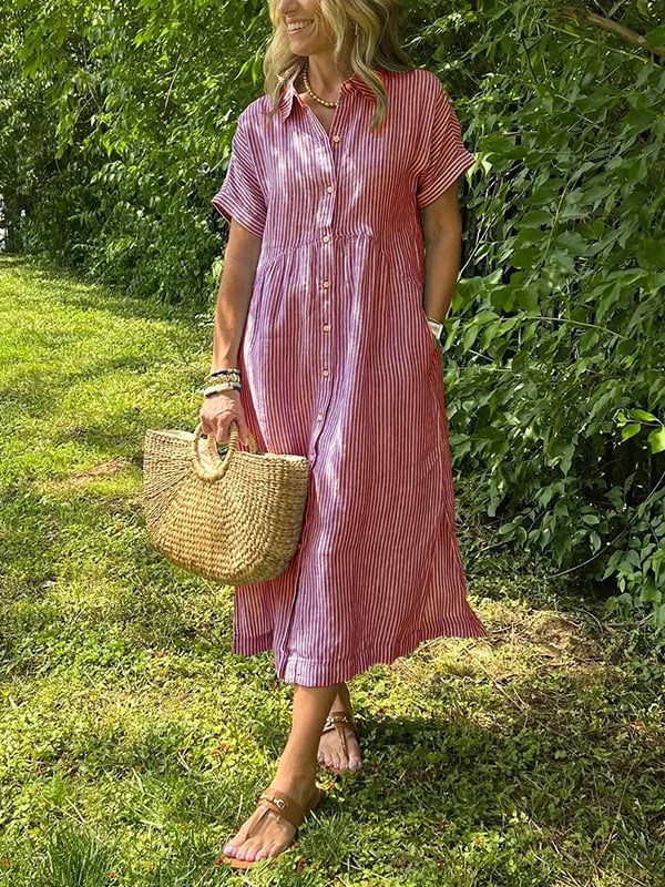 Camille | Striped Button Down Collared Short Sleeve Midi Sundress