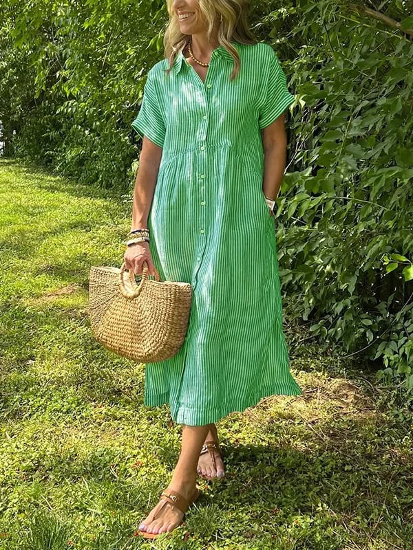 Camille | Striped Button Down Collared Short Sleeve Midi Sundress