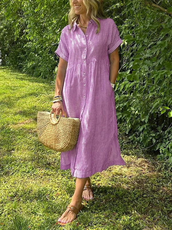 Camille | Striped Button Down Collared Short Sleeve Midi Sundress
