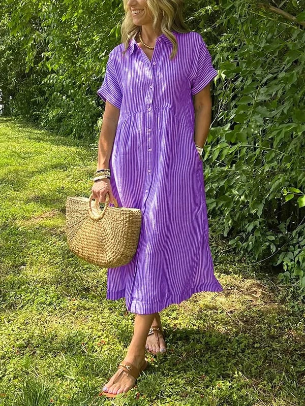 Camille | Striped Button Down Collared Short Sleeve Midi Sundress