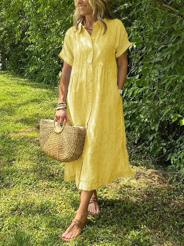 Camille | Striped Button Down Collared Short Sleeve Midi Sundress