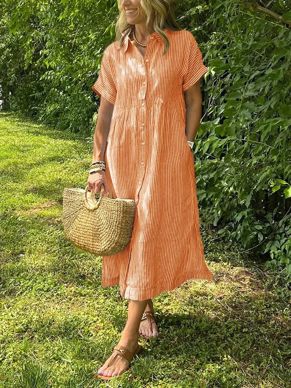 Camille | Striped Button Down Collared Short Sleeve Midi Sundress