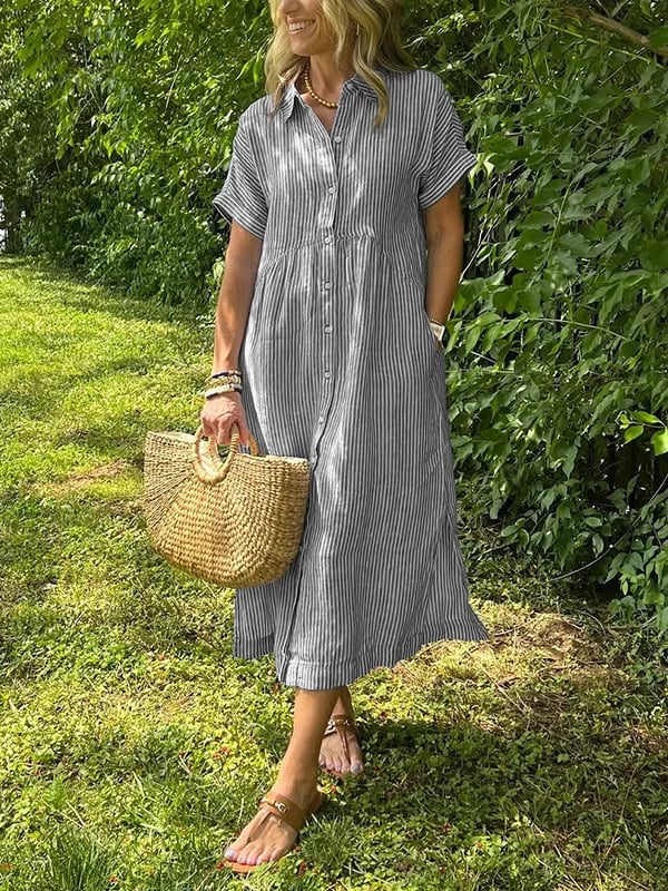 Camille | Striped Button Down Collared Short Sleeve Midi Sundress