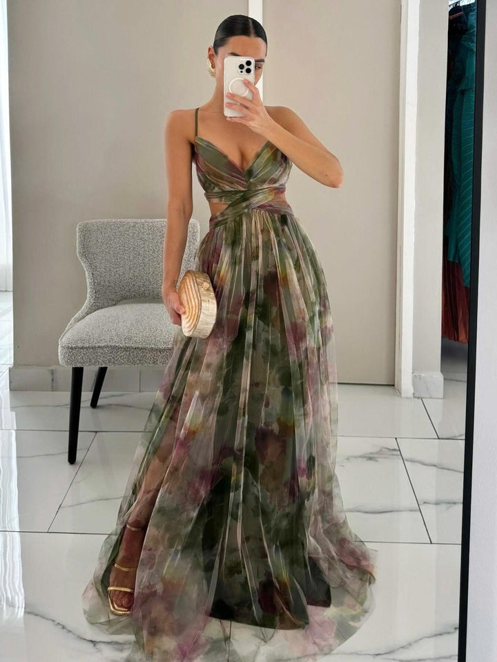Lauren | Floral Print V Neck Crossover Waist A Line Maxi Dress