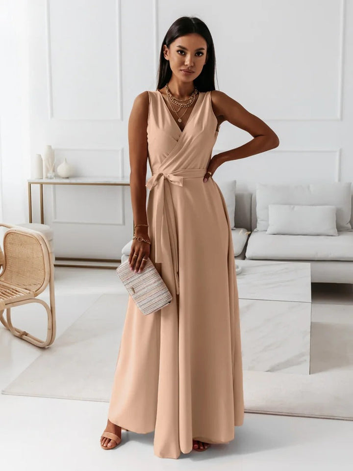 Amara | Wrap V Neck Tie Waist Sleeveless Formal Wedding Guest Maxi Dress