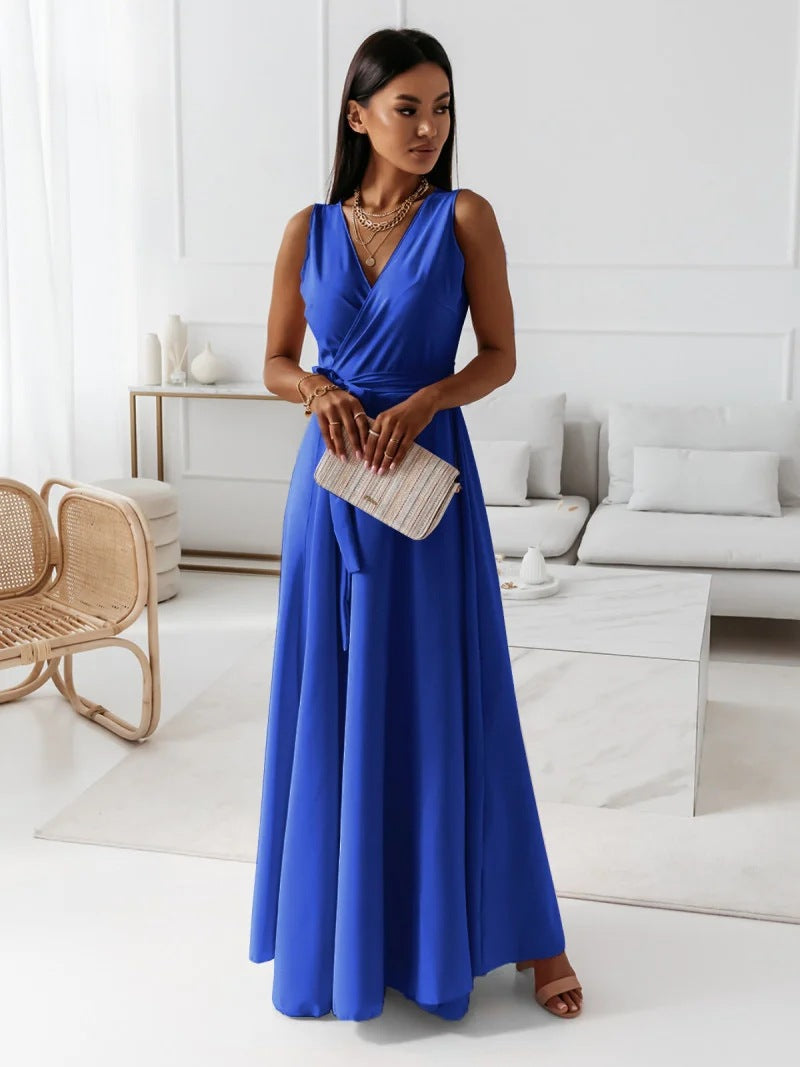 Amara | Wrap V Neck Tie Waist Sleeveless Formal Wedding Guest Maxi Dress