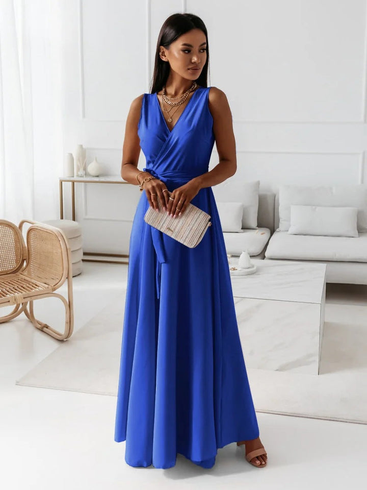Amara | Wrap V Neck Tie Waist Sleeveless Formal Wedding Guest Maxi Dress