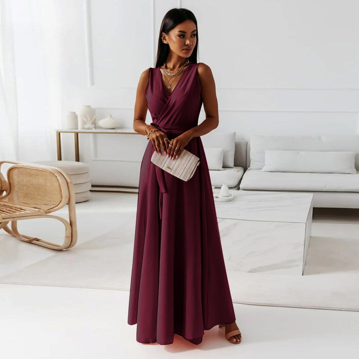 Amara | Wrap V Neck Tie Waist Sleeveless Formal Wedding Guest Maxi Dress