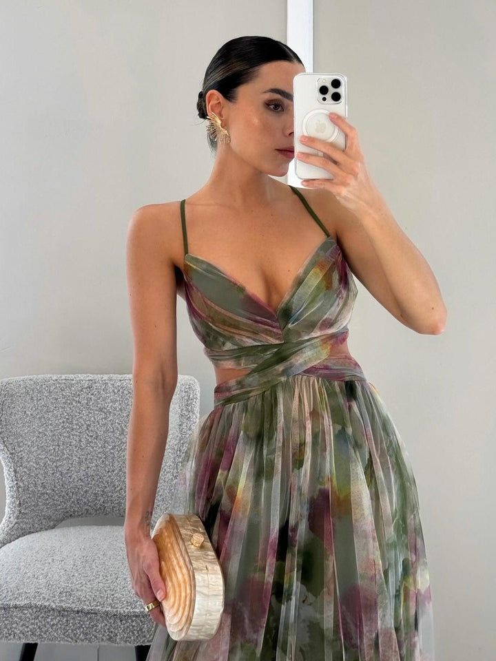 Lauren | Floral Print V Neck Crossover Waist A Line Maxi Dress