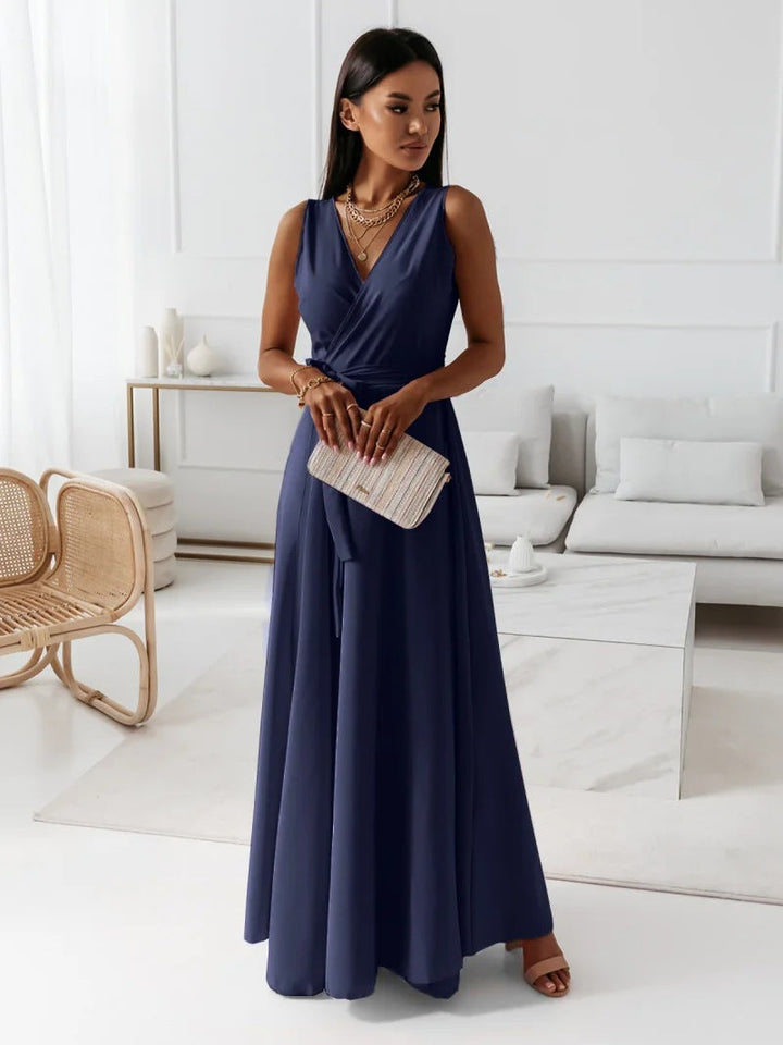 Amara | Wrap V Neck Tie Waist Sleeveless Formal Wedding Guest Maxi Dress