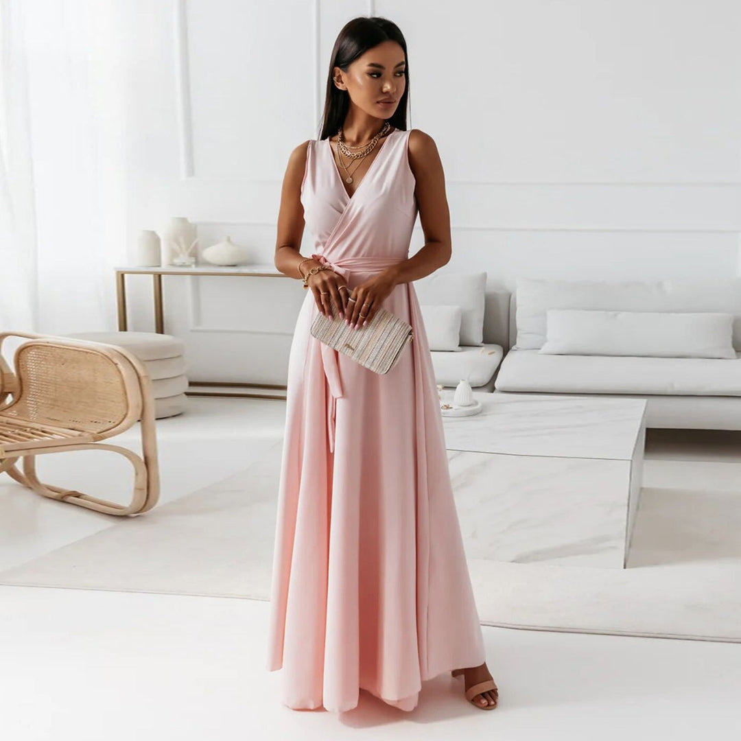 Amara | Wrap V Neck Tie Waist Sleeveless Formal Wedding Guest Maxi Dress