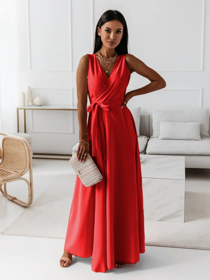 Amara | Wrap V Neck Tie Waist Sleeveless Formal Wedding Guest Maxi Dress