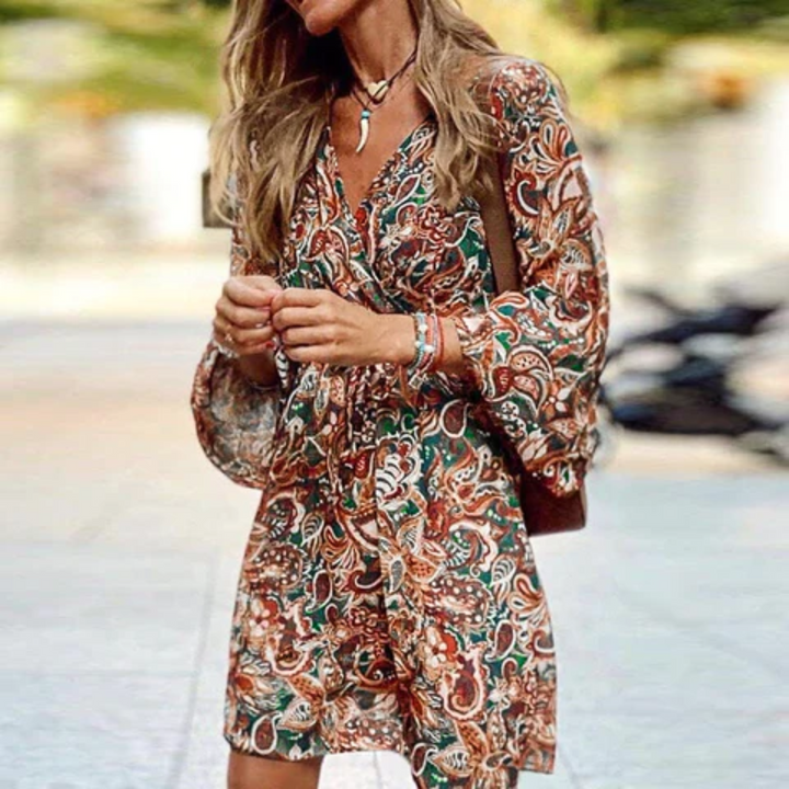 Savannah | Brown Paisley Print V Neck Long Sleeve Mini Dress