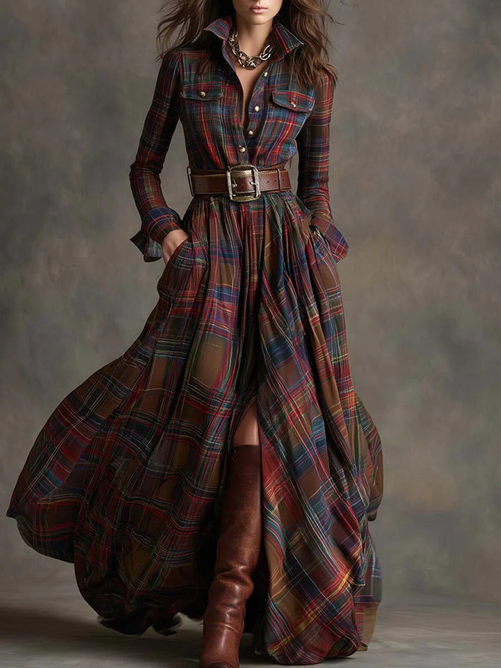 Willa | Plaid Collared Chest Pocket Belted Flare Maxi Dress
