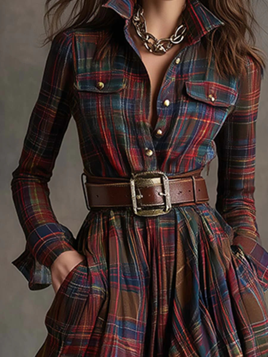 Willa | Plaid Collared Chest Pocket Belted Flare Maxi Dress