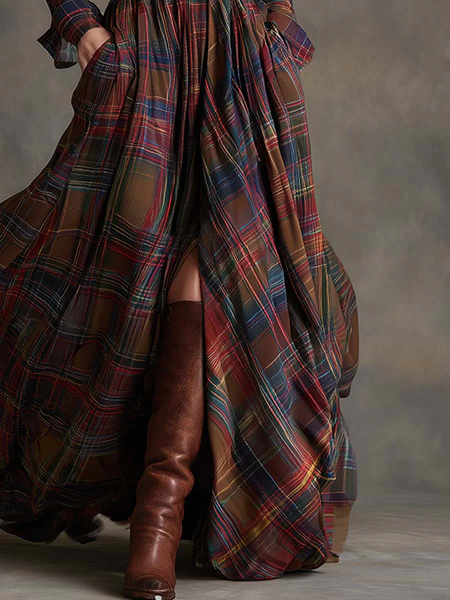 Willa | Plaid Collared Chest Pocket Belted Flare Maxi Dress