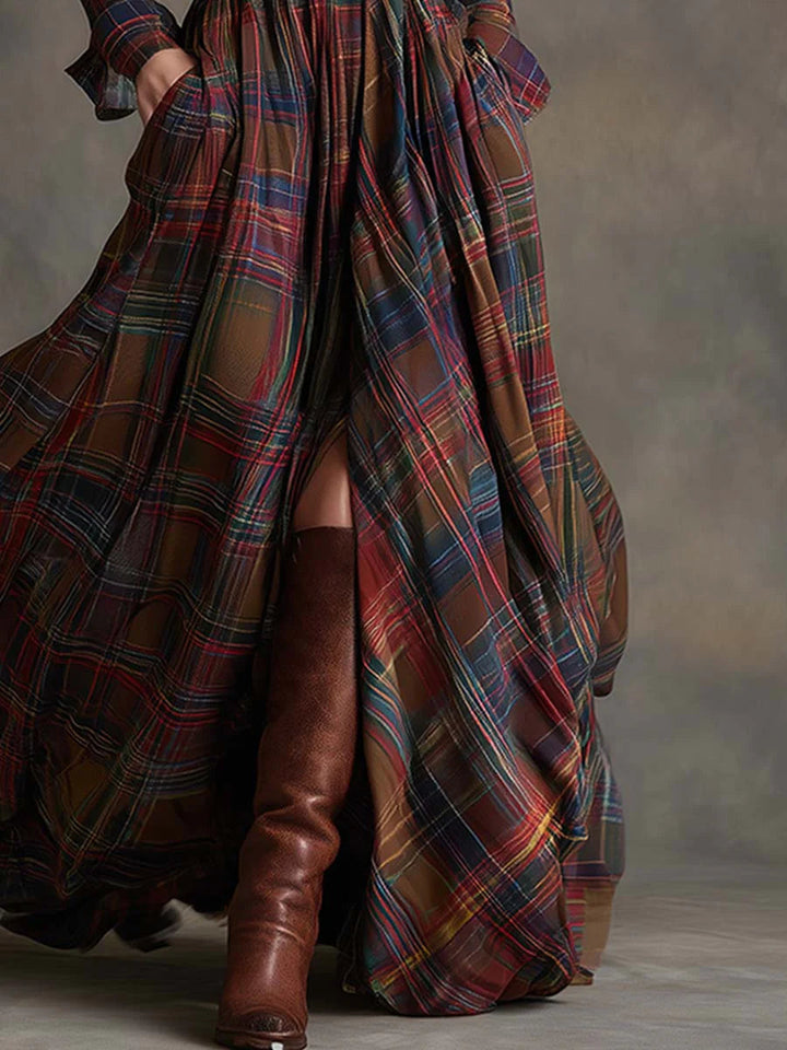 Willa | Plaid Collared Chest Pocket Belted Flare Maxi Dress