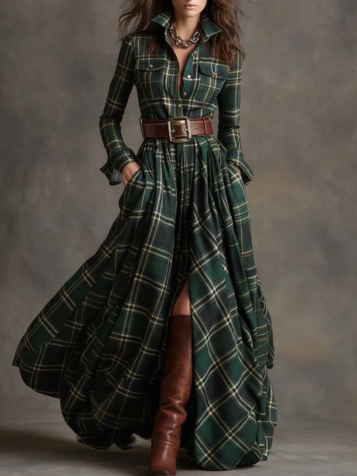 Willa | Plaid Collared Chest Pocket Belted Flare Maxi Dress
