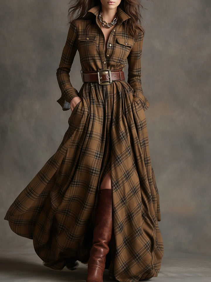 Willa | Plaid Collared Chest Pocket Belted Flare Maxi Dress