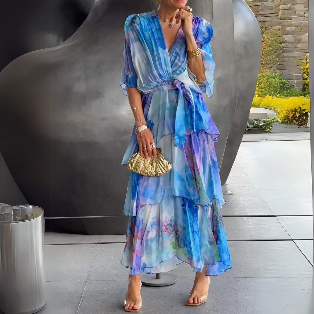 Noelle | Blue Watercolor Print V Neck Tiered Maxi Dress