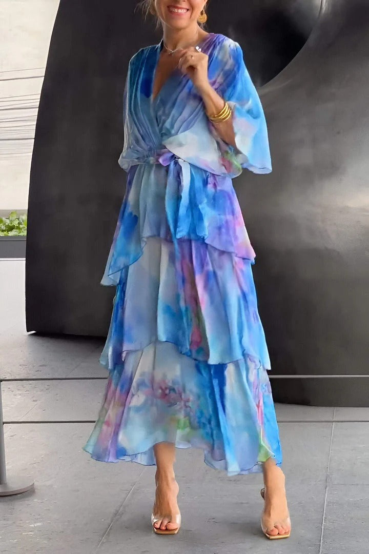 Noelle | Blue Watercolor Print V Neck Tiered Maxi Dress