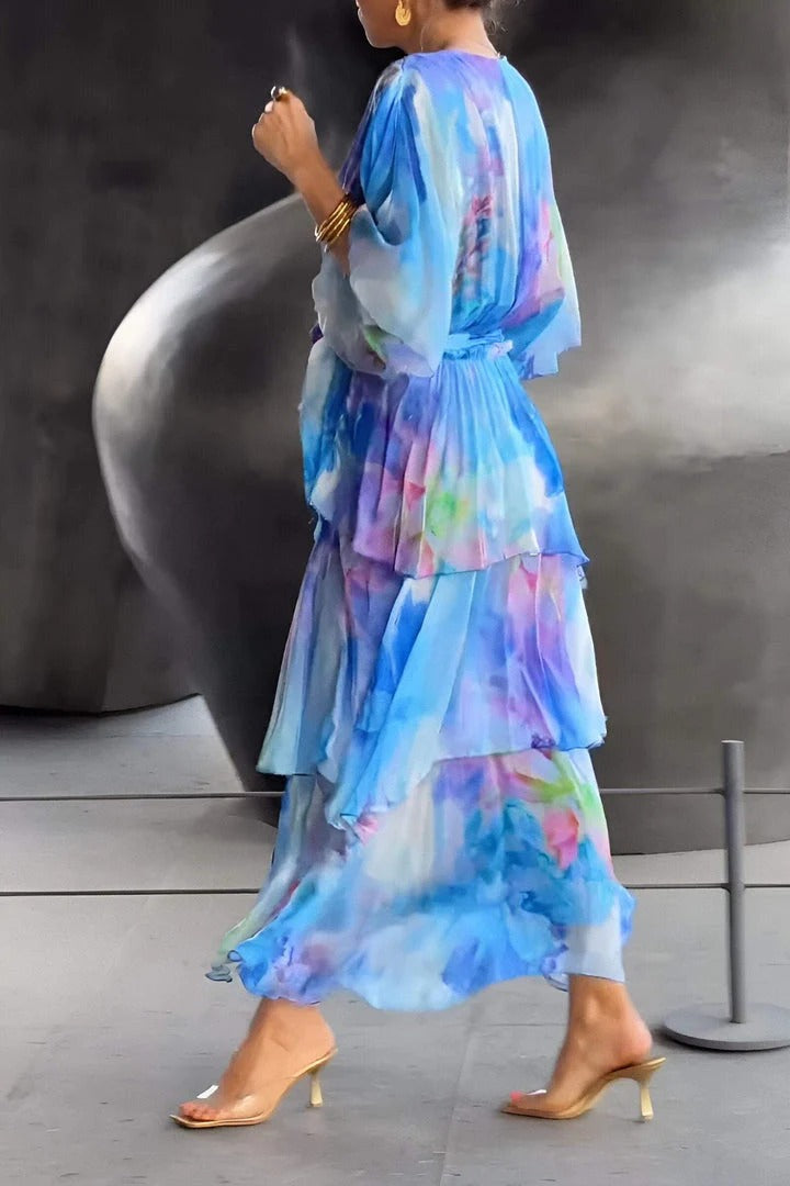 Noelle | Blue Watercolor Print V Neck Tiered Maxi Dress