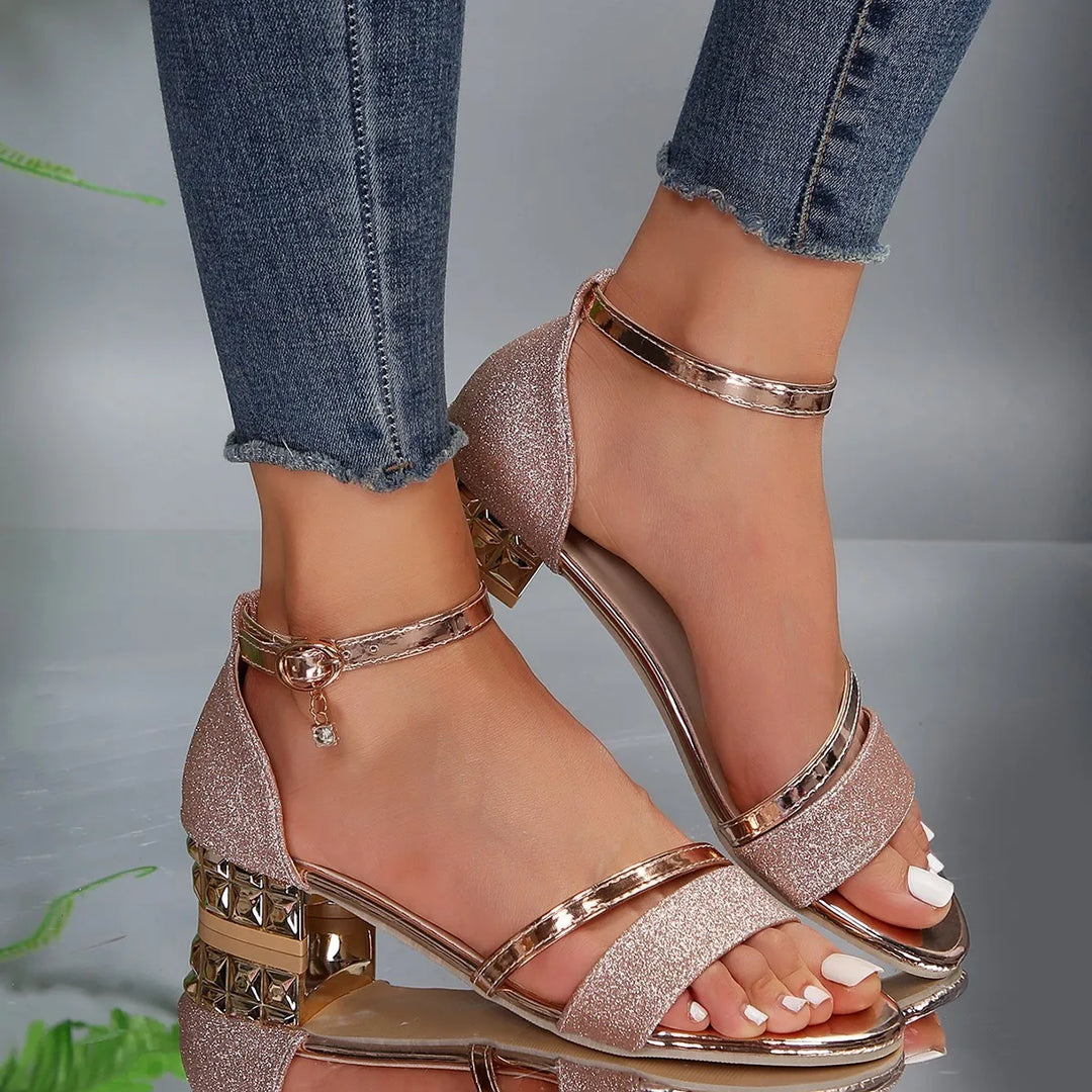 Ruby | Gold Trim Ankle Strap Block Heel Sandals