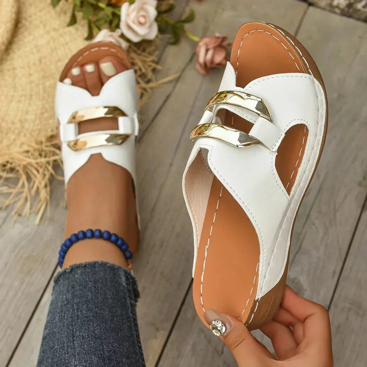 Harper | Gold Hardware Cutout Slip On Wedge Mules