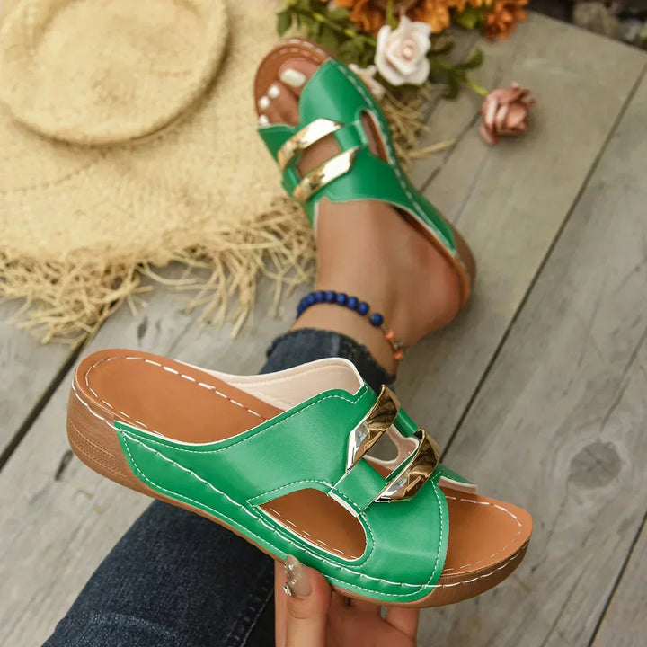 Harper | Gold Hardware Cutout Slip On Wedge Mules