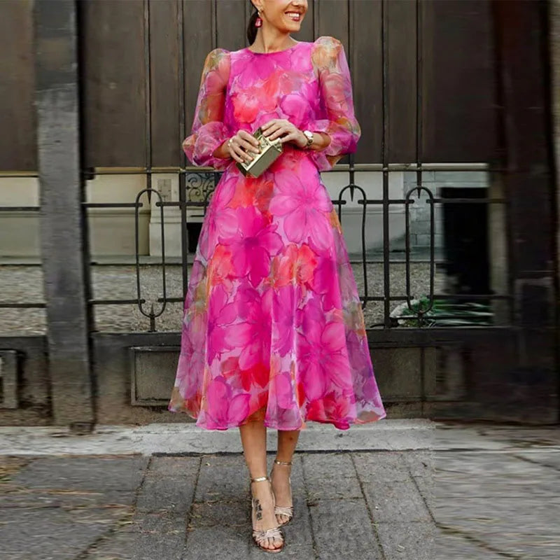 Nadia | Floral Organza Puff Sleeve A Line Formal Wedding Guest Midi Dress