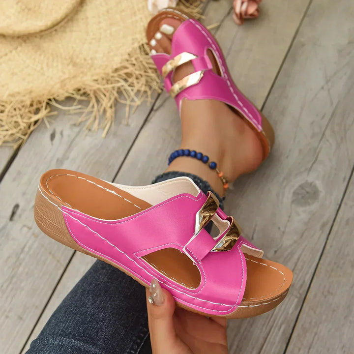 Harper | Gold Hardware Cutout Slip On Wedge Mules