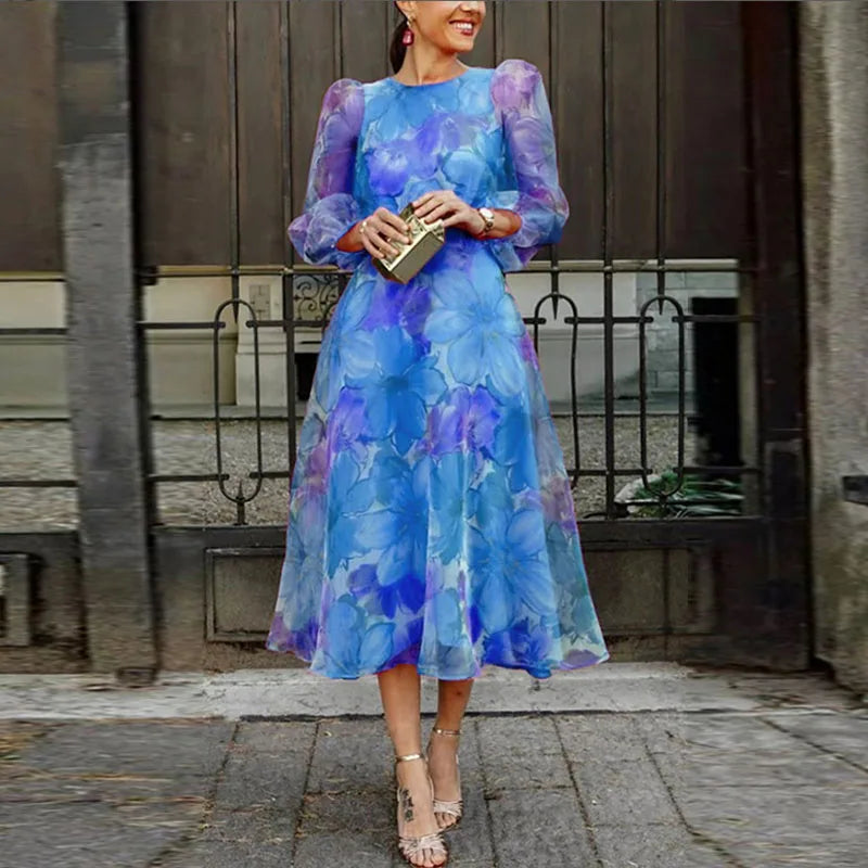 Nadia | Floral Organza Puff Sleeve A Line Formal Wedding Guest Midi Dress