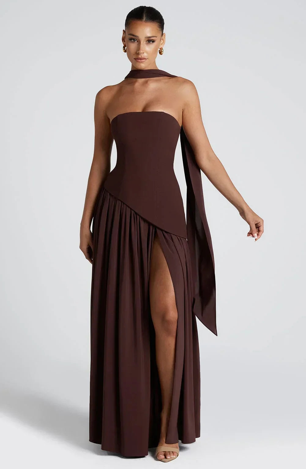 Harper | Strapless Corset Neck Scarf High Slit Formal Maxi Dress