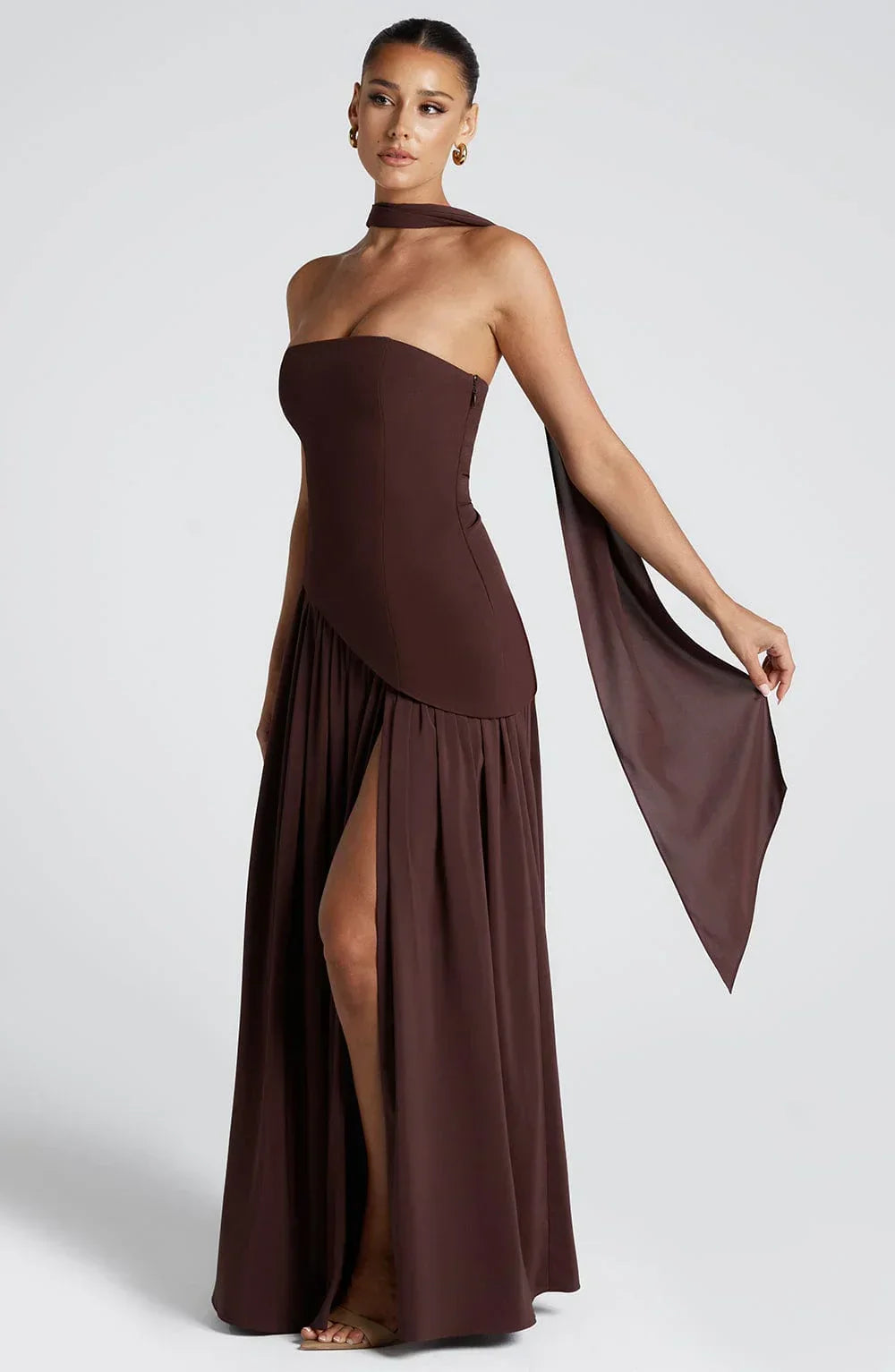 Harper | Strapless Corset Neck Scarf High Slit Formal Maxi Dress